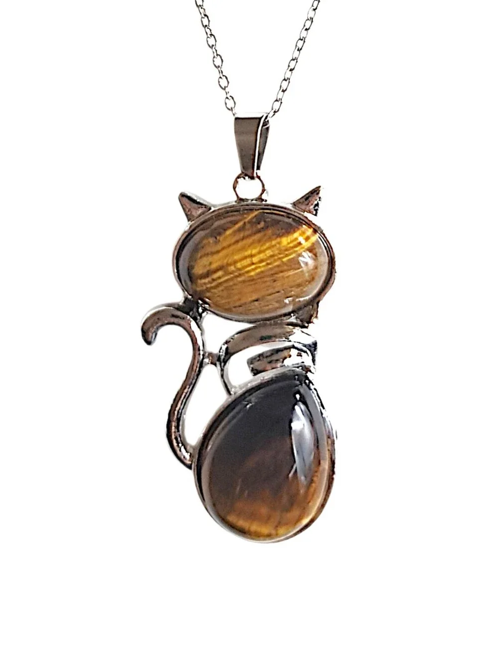Cat Pendant w/ Natural Cat's Eye Stones & Stainless Steel Necklace NWOT